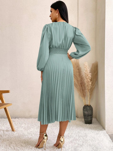 Surplice Neck Bishop Sleeve Pleated Hem Dress Surplice Neck Bishop Sleeve Pleated Hem Dress