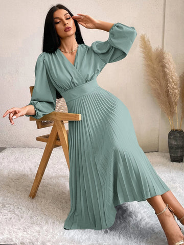 Surplice Neck Bishop Sleeve Pleated Hem Dress Surplice Neck Bishop Sleeve Pleated Hem Dress