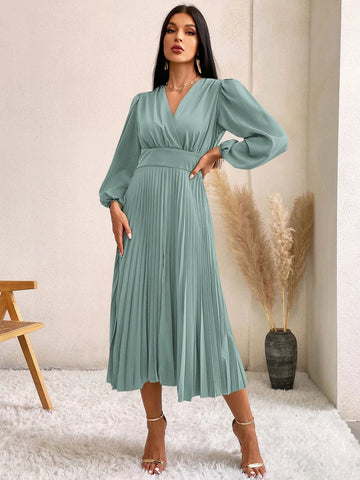 Surplice Neck Bishop Sleeve Pleated Hem Dress Surplice Neck Bishop Sleeve Pleated Hem Dress