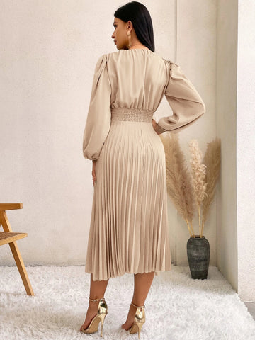 Surplice Neck Bishop Sleeve Pleated Hem Dress Surplice Neck Bishop Sleeve Pleated Hem Dress