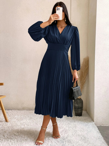 Surplice Neck Bishop Sleeve Pleated Hem Dress Surplice Neck Bishop Sleeve Pleated Hem Dress