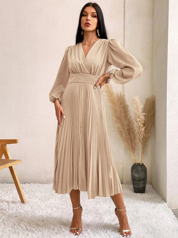 Surplice Neck Bishop Sleeve Pleated Hem Dress Surplice Neck Bishop Sleeve Pleated Hem Dress