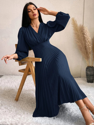 Surplice Neck Bishop Sleeve Pleated Hem Dress Surplice Neck Bishop Sleeve Pleated Hem Dress