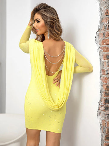 Joyfunear Rhinestone Chain Detail Draped Backless Bodycon Dress Joyfunear Rhinestone Chain Detail Draped Backless Bodycon Dress