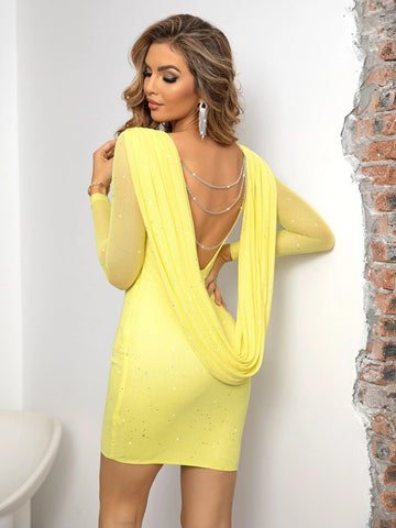 Joyfunear Rhinestone Chain Detail Draped Backless Bodycon Dress Joyfunear Rhinestone Chain Detail Draped Backless Bodycon Dress