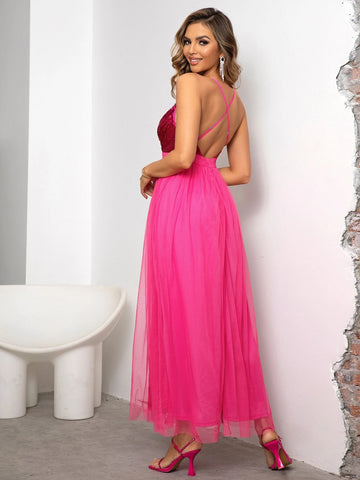 Joyfunear Cross Back Plunging Sequin Top Tulle Dress Joyfunear Cross Back Plunging Sequin Top Tulle Dress