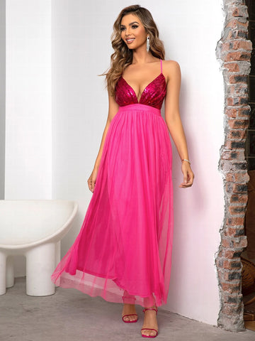 Joyfunear Cross Back Plunging Sequin Top Tulle Dress Joyfunear Cross Back Plunging Sequin Top Tulle Dress