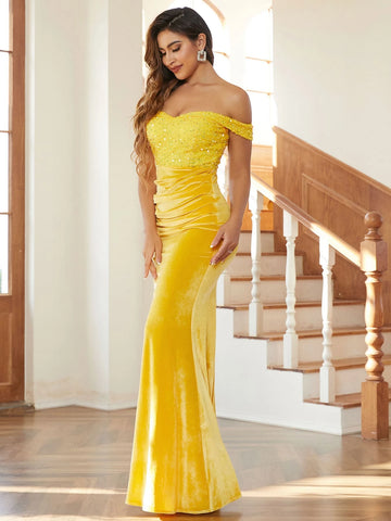Missord Off Shoulder Ruched Mermaid Hem Sequin Formal Dress Missord Off Shoulder Ruched Mermaid Hem Sequin Formal Dress