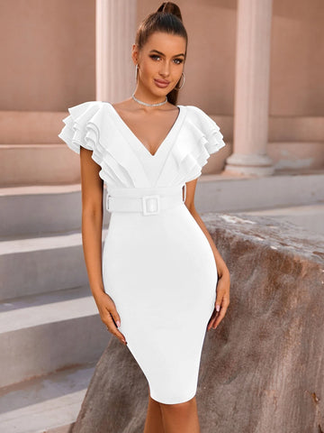 ADYCE Ruffle Trim Belted Bodycon Dress ADYCE Ruffle Trim Belted Bodycon Dress