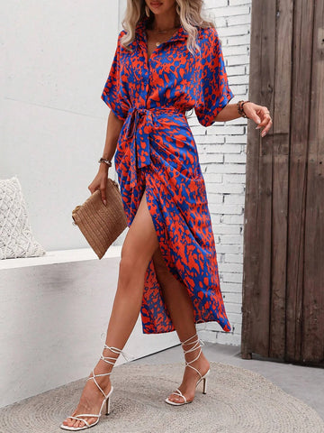Allover Print Batwing Sleeve Belted Shirt Dress Allover Print Batwing Sleeve Belted Shirt Dress