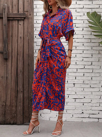 Allover Print Batwing Sleeve Belted Shirt Dress Allover Print Batwing Sleeve Belted Shirt Dress