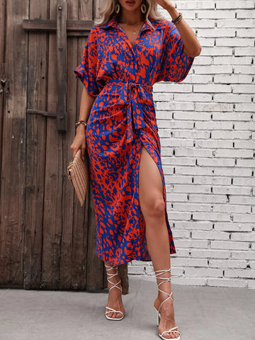 Allover Print Batwing Sleeve Belted Shirt Dress Allover Print Batwing Sleeve Belted Shirt Dress