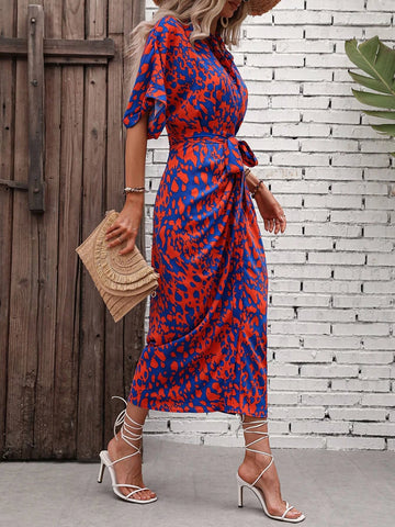 Allover Print Batwing Sleeve Belted Shirt Dress Allover Print Batwing Sleeve Belted Shirt Dress
