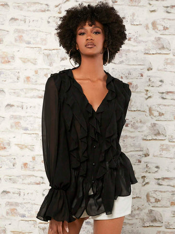 Ruffle Trim Flounce Sleeve Blouse Ruffle Trim Flounce Sleeve Blouse