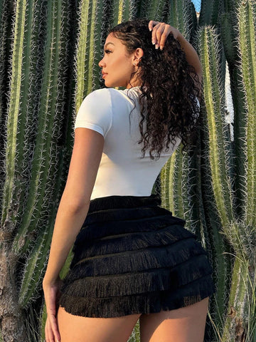 SXY Solid Fringe Trim Shorts SXY Solid Fringe Trim Shorts