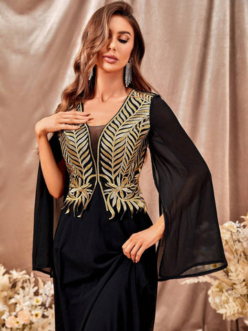 Floral Embroidery Cloak Sleeve Bridesmaid Dress Floral Embroidery Cloak Sleeve Bridesmaid Dress