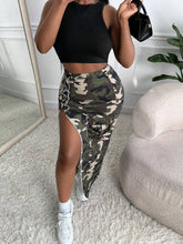 SXY Camo Print Raw Edge Split Thigh Skirt