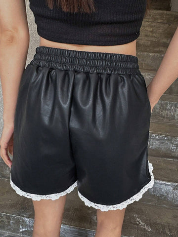 DAZY Contrast Lace Trim Slant Pocket PU Shorts DAZY Contrast Lace Trim Slant Pocket PU Shorts