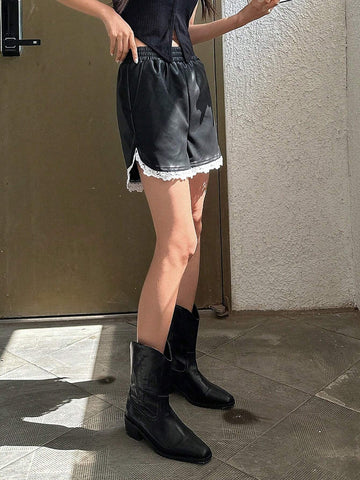 DAZY Contrast Lace Trim Slant Pocket PU Shorts DAZY Contrast Lace Trim Slant Pocket PU Shorts