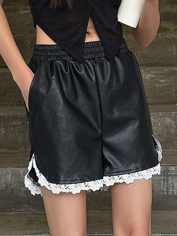 DAZY Contrast Lace Trim Slant Pocket PU Shorts DAZY Contrast Lace Trim Slant Pocket PU Shorts