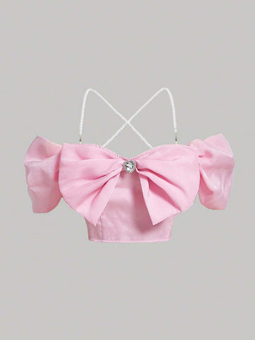 Cold Shoulder Bow Front Pearl Detail Blouse Cold Shoulder Bow Front Pearl Detail Blouse