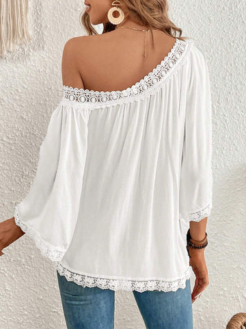Guipure Lace Trim Asymmetrical Neck Trumpet Sleeve Blouse Guipure Lace Trim Asymmetrical Neck Trumpet Sleeve Blouse