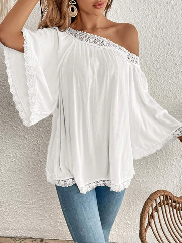 Guipure Lace Trim Asymmetrical Neck Trumpet Sleeve Blouse Guipure Lace Trim Asymmetrical Neck Trumpet Sleeve Blouse