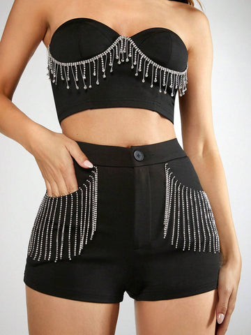 BAE Rhinestone Fringe Trim Pocket Patched Shorts BAE Rhinestone Fringe Trim Pocket Patched Shorts