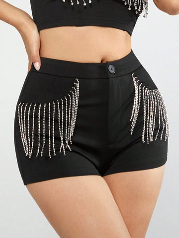 BAE Rhinestone Fringe Trim Pocket Patched Shorts BAE Rhinestone Fringe Trim Pocket Patched Shorts