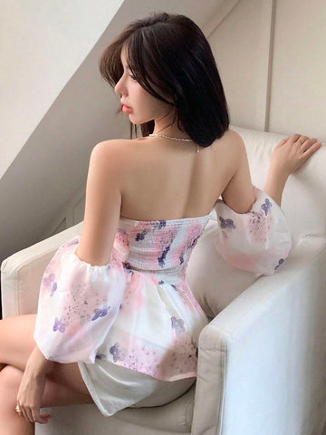 Floral Print Off Shoulder Ruffle Hem Blouse Floral Print Off Shoulder Ruffle Hem Blouse