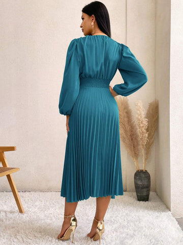 Surplice Neck Bishop Sleeve Pleated Hem Dress Surplice Neck Bishop Sleeve Pleated Hem Dress