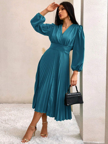 Surplice Neck Bishop Sleeve Pleated Hem Dress Surplice Neck Bishop Sleeve Pleated Hem Dress