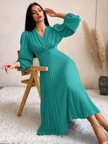 Surplice Neck Bishop Sleeve Pleated Hem Dress Surplice Neck Bishop Sleeve Pleated Hem Dress