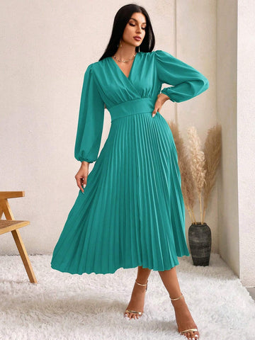 Surplice Neck Bishop Sleeve Pleated Hem Dress Surplice Neck Bishop Sleeve Pleated Hem Dress