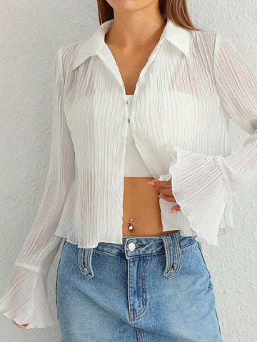 Solid Flounce Sleeve Button Front Shirt Without Cami Top Solid Flounce Sleeve Button Front Shirt Without Cami Top