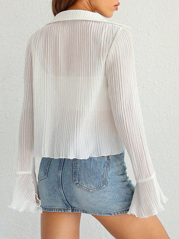 Solid Flounce Sleeve Button Front Shirt Without Cami Top Solid Flounce Sleeve Button Front Shirt Without Cami Top