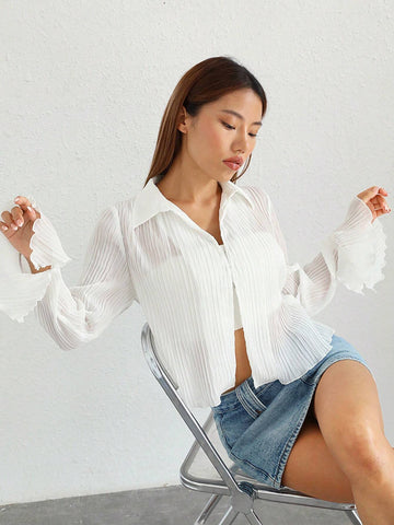 Solid Flounce Sleeve Button Front Shirt Without Cami Top Solid Flounce Sleeve Button Front Shirt Without Cami Top