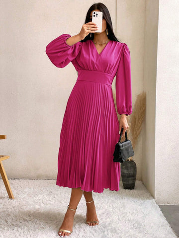 Surplice Neck Bishop Sleeve Pleated Hem Dress Surplice Neck Bishop Sleeve Pleated Hem Dress