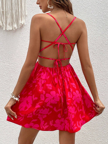 Floral Print Crisscross Tie Backless Cami Dress Floral Print Crisscross Tie Backless Cami Dress