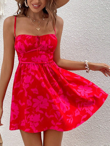 Floral Print Crisscross Tie Backless Cami Dress Floral Print Crisscross Tie Backless Cami Dress
