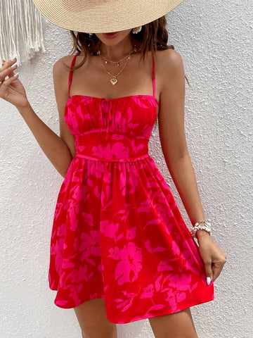 Floral Print Crisscross Tie Backless Cami Dress Floral Print Crisscross Tie Backless Cami Dress