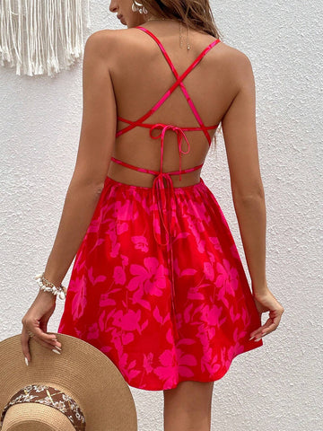 Floral Print Crisscross Tie Backless Cami Dress Floral Print Crisscross Tie Backless Cami Dress