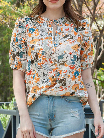 Floral Print Tie Neck Ruffle Trim Blouse Floral Print Tie Neck Ruffle Trim Blouse