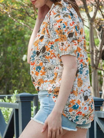 Floral Print Tie Neck Ruffle Trim Blouse Floral Print Tie Neck Ruffle Trim Blouse