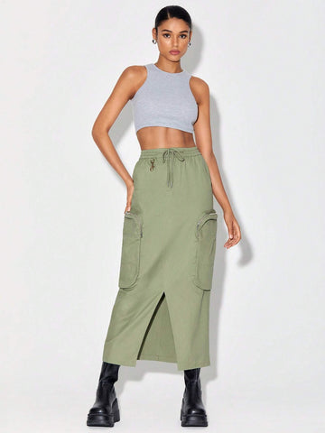 Drawstring Waist Zipper Pocket Split Hem Skirt Drawstring Waist Zipper Pocket Split Hem Skirt