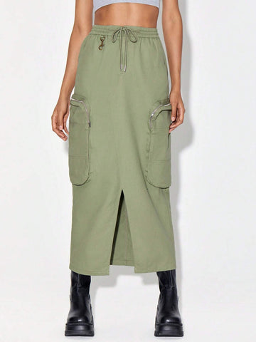 Drawstring Waist Zipper Pocket Split Hem Skirt Drawstring Waist Zipper Pocket Split Hem Skirt