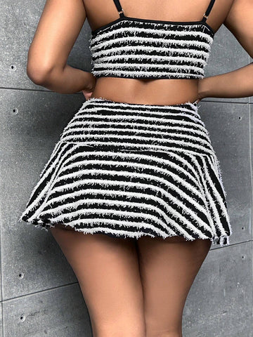 SXY Striped Print Ruffle Hem Skirt SXY Striped Print Ruffle Hem Skirt