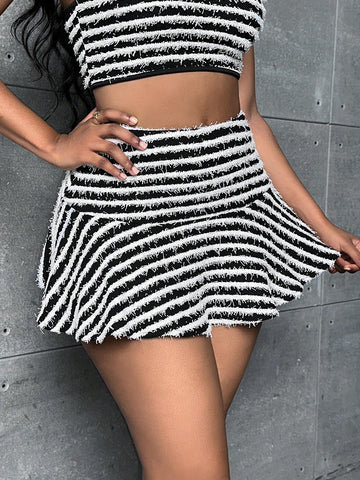 SXY Striped Print Ruffle Hem Skirt SXY Striped Print Ruffle Hem Skirt