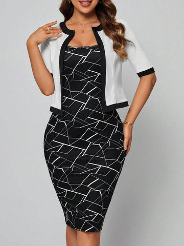 EMERY ROSE Geo Print Cami Dress & Contrast Binding Open Front Jacket EMERY ROSE Geo Print Cami Dress & Contrast Binding Open Front Jacket