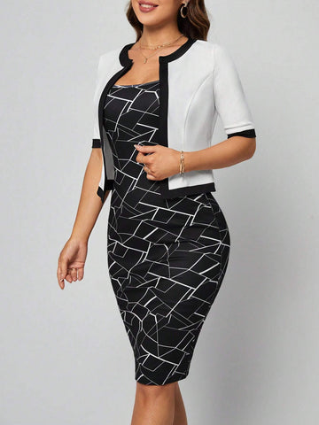 EMERY ROSE Geo Print Cami Dress & Contrast Binding Open Front Jacket EMERY ROSE Geo Print Cami Dress & Contrast Binding Open Front Jacket
